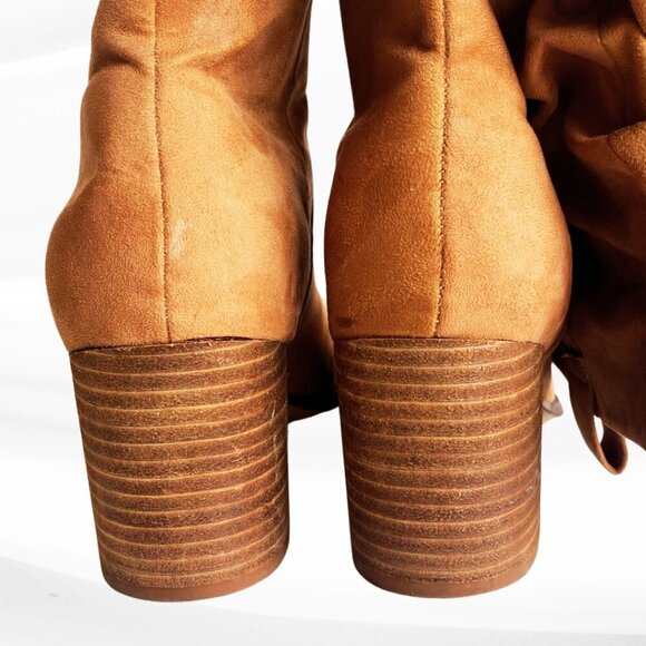 Report Tariq Tall Shaft Faux Suede Bootie Tan Block Heel Slip On/Pull Tab Size 9 - Picture 10 of 16